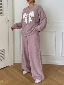 DAZY Plush Knit Butterfly Decor Loose Pajama Set, Winter - Mauve Purple - View 5