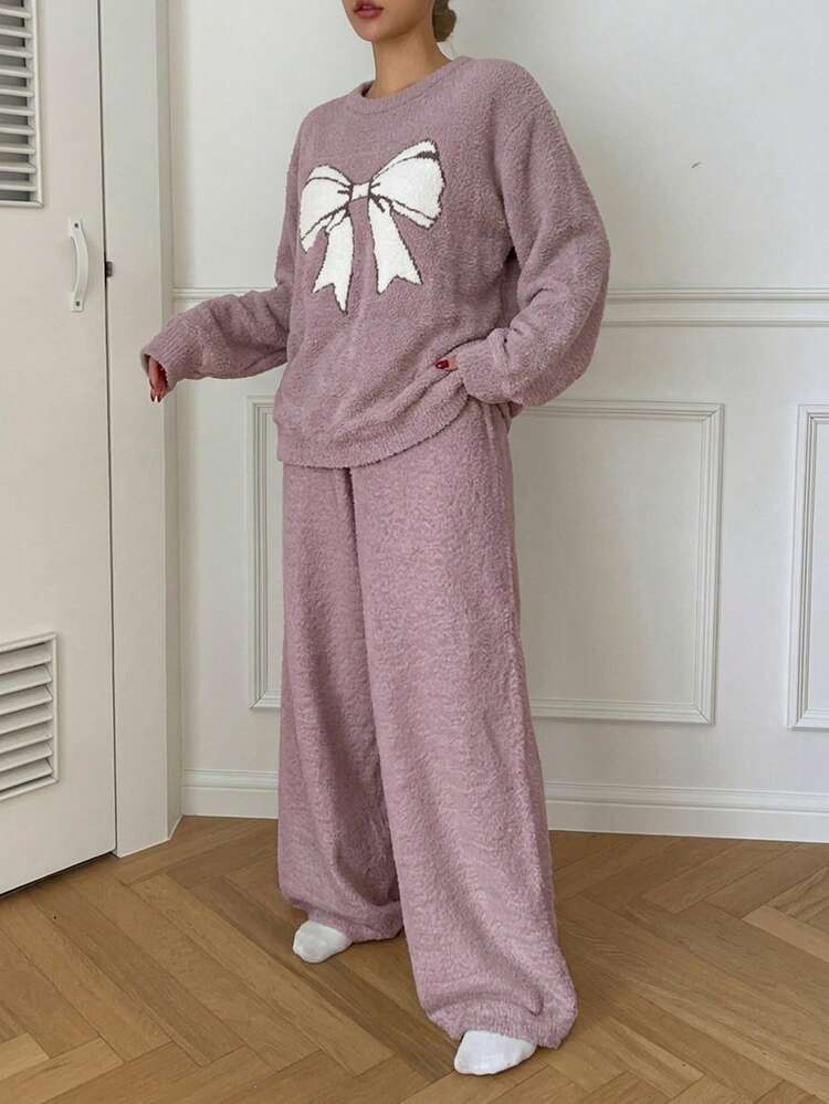 Plush Knit Butterfly Decor Loose Pajama Set, Winter