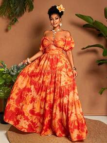 Maweii Plus Size Tie-Dye Print Off-Shoulder Casual Dress - Red - View 4