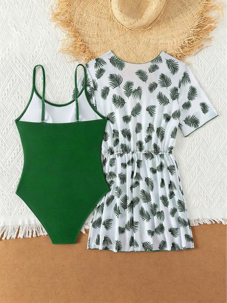 Teen Girls' One-Piece Swimsuit Two Pieces Set With Cover Up And Cardigan, Tropical Green Leaf Print, Suitable For Beach Activities