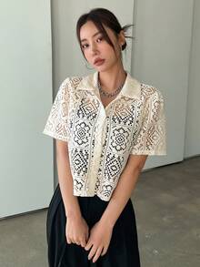 DAZY Women Lace Turndown Collar Cardigan Top, Summer Sheer,Crop Tops Women - Beige - View 10