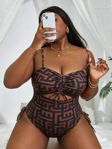 Slaydiva Plus Size Women Beach Vacation Holiday Solid Color Bandeau Top With Adjustable Drawstring Tie, Adjustable Wide Strap, One-Piece Swimsuit - Black - View 4