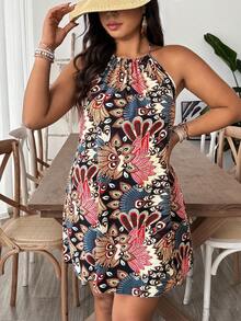 SHEIN VCAY Plus Size Boho Print Halter Neck Backless Summer Women Dresses - Multicolor - View 6