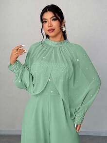 Elenzga 大尺碼女款鼠尾草綠優雅婚禮賓客寬腿連身褲兩件套，秋冬雪紡綴珠與水鑽立領上衣搭配高腰設計 - 綠色 - 查看 5