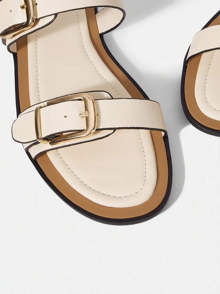 EUROPEAN STATION NEW RETRO FASHION BUCKLE DOUBLE STRAP FLAT ROUND TOE CASUAL CHIC MINIMALIST COMFORTABLE SOFT BEACH SLIDE SANDALS FOR WOMEN
