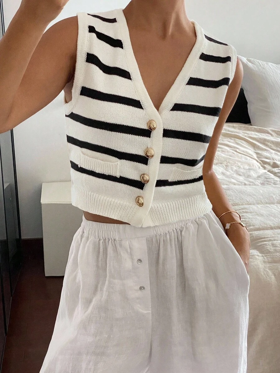 Siren Gaze Women's Black And White Striped V-Neck Single-Breasted Knit Vest,Summer Paris Brunch Style,Minimalist Sleeveless Sweater Cardigan With Pocket,Office - Black and White - View 1