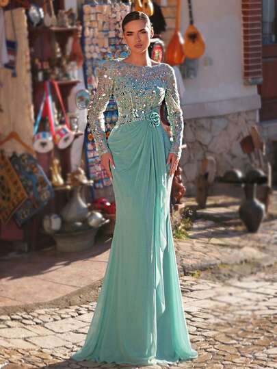 Aureia Elegant Vanilla Green Round Neck Luxury 3D Floral Embroidery Sequin Patchwork Chiffon Asymmetric Hem Long Sleeve Dress, Suitable For Dates, Vacations, Singles Parties, Weddings, Women's Formal Evening Gowns