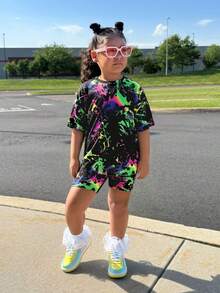 SHEIN 2pcs/Set Young Girl Casual Graffiti Splatter Print Round Neck Loose T-Shirt And Cycling Shorts Set - Black - View 4