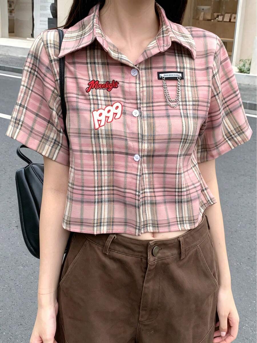 INAWLY 女款復古 Y2K 校園風格紋刺繡字母鏈條短袖短版上衣 開學季 粉色格紋 夏季 - 粉色 - 查看 1
