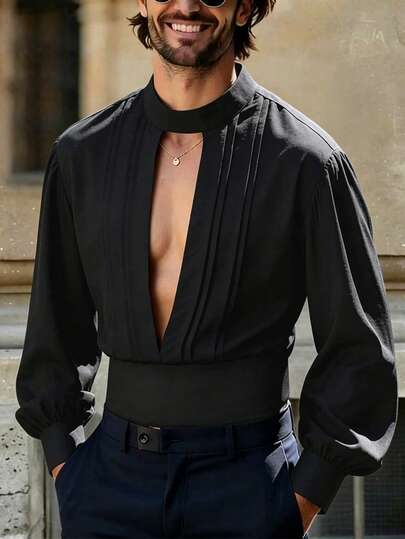 Manfinity AFTRDRK Men's Solid Color Hollow Out Sexy Fashion Long Sleeve Shirt