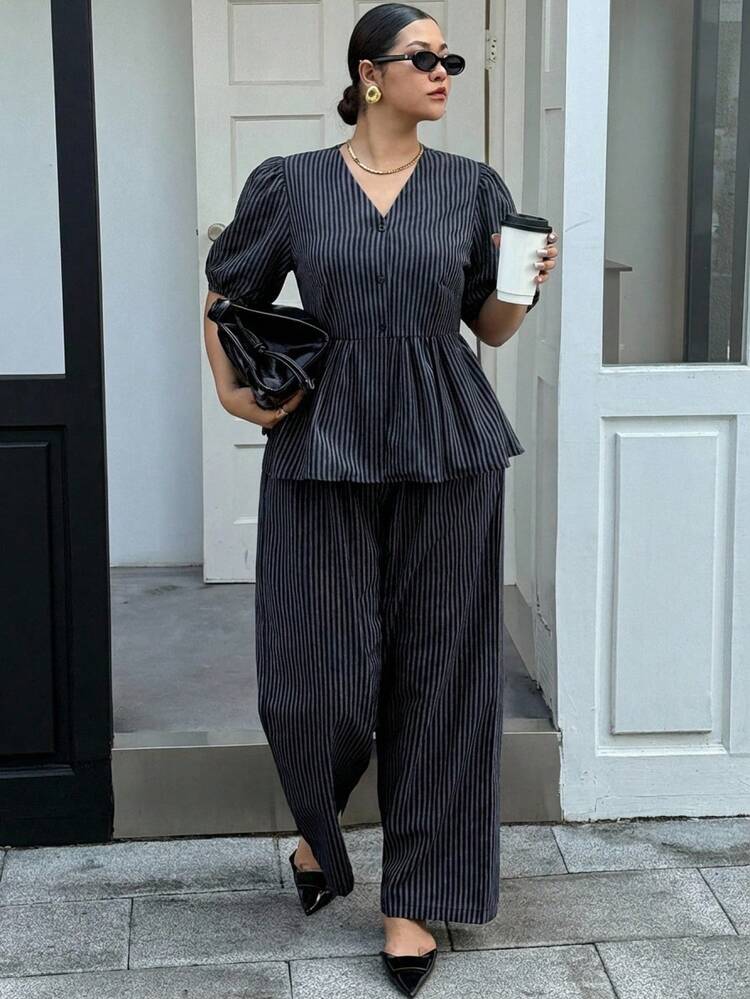 2pcs/Set Striped V-Neck Loose Lantern Sleeve Pullover Top And Relaxed Long Pants, Plus Size Women Spring/Autumn Outfit Summer Lounge Sets For Women