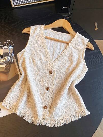 Franclia Plus Size V-Neck Floral Lace Patchwork Sleeveless 3D Embroidered Apricot Elegant Vacation Casual Beach Tassel Blazer For Women, Spring/Summer