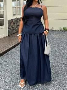 Dazy Plus Dark Washed Western Casual Formal Denim 2-Piece Set, Fitted Camisole Top And A-Line Long Denim Skirt, Plus Size Women, Vacation Navy Blue - Dark Wash - View 8