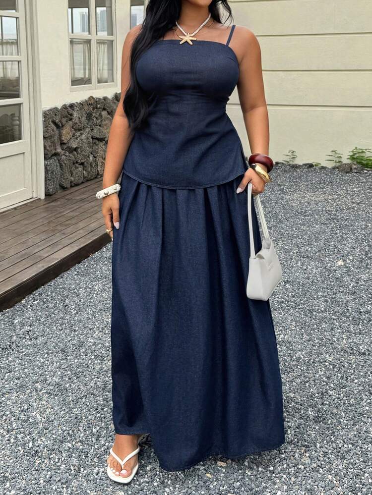 Dazy Plus Dark Washed Western Denim 2-Piece Set, Fitted Camisole Top And A-Line Long Denim Skirt, Casual Resort Style, Plus Size Women, Spring/Summer