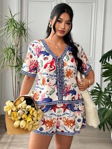 SHEIN EZwear 大尺碼女款海洋生物印花前綁帶短袖襯衫與休閒短褲兩件套 - 黑色 - 查看 7