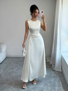 Selianne Women's Spring/Summer Elegant All White Satin Round Neck Faux Pearl Decor Side Ruched Maxi Dress, Suitable For Commuting And Party Occasions - Champagne - View 5