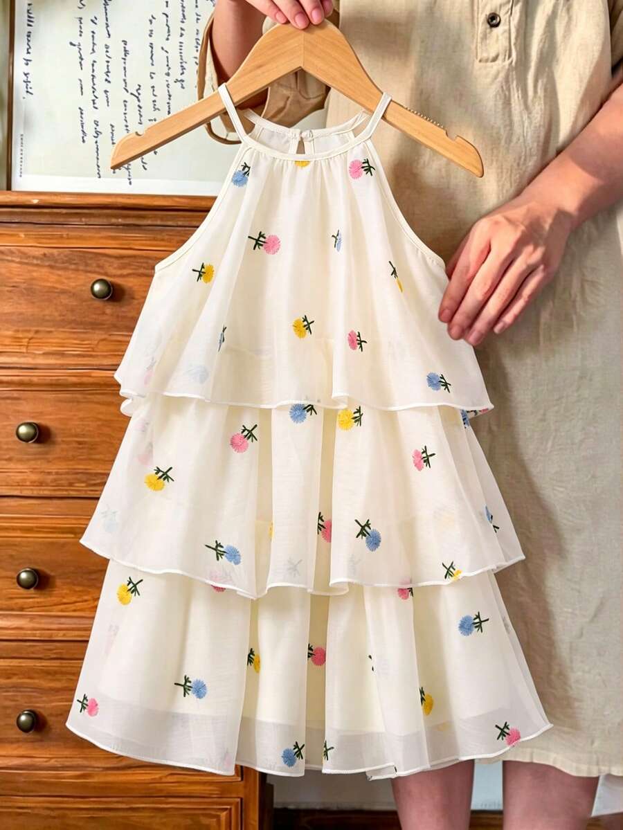 SHEIN Genkimix Kids 女童刺繡花卉雪紡分層無袖A字洋裝,適合畢業典禮、婚禮、派對 - 彩色 - 查看 1