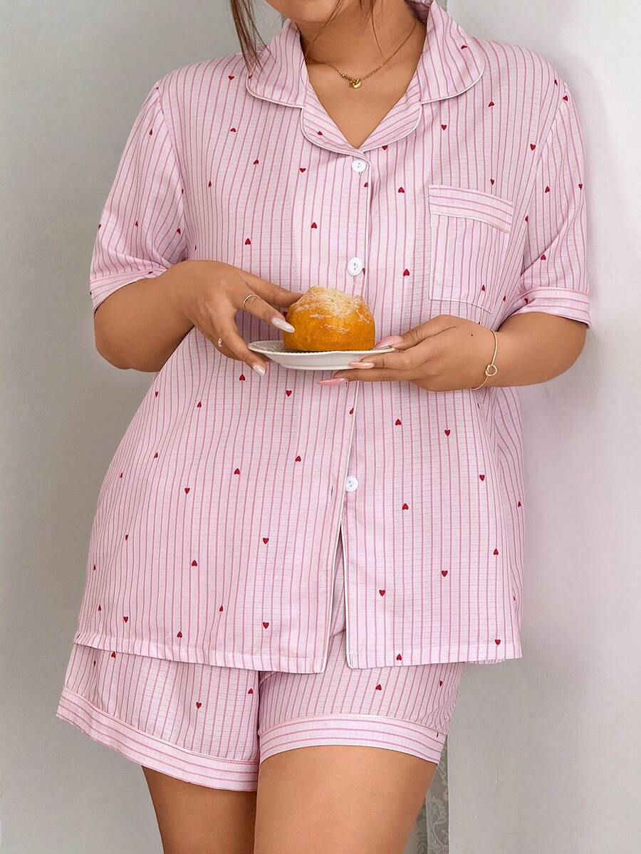 Napfluff CURVE Napfluff CURVE Plus Size Ruffled Romantic Pink Striped Heart Print Collar Short Sleeve Shorts Pajama Set - Pink - View 1