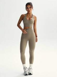 BamGleam Women's Solid Color Minimalist Halter Top And Pants Sports Suit Workout Sets - Khaki - View 3