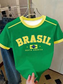 女童復古 BRAZIL 字母圖案短袖修身圓領 T-Shirt，對比領口，夏季運動休閒簡約款 - 彩色 - 查看 3