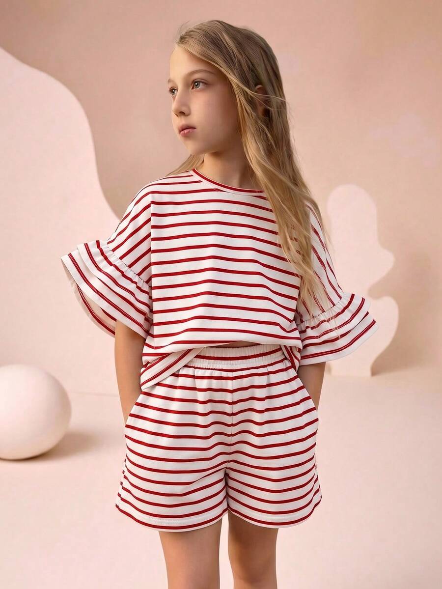 SHEIN Tween Girls' Summer Casual Striped Ruffle T-Shirt And Shorts Set