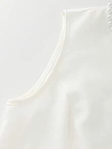 SHEIN Franclia 女士V领短袖连衣裙，饰有珍珠泡泡，A字廓形，松紧腰身，梭织面料，优雅时尚，适合日常穿着和正式场合，最新设计，高品质，展现优雅魅力。 - 白色 - 查看 4
