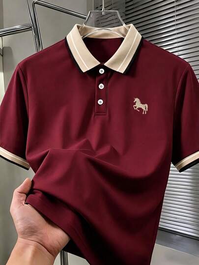 Manfinity Mode Men's Jacquard Collar Embroidered Short Sleeve Casual Polo Shirt