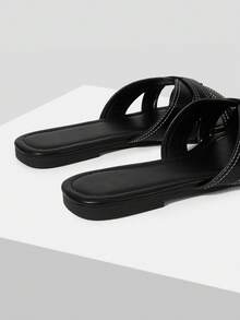Mnmlis 女款時尚平底涼鞋，夏季休閒日常穿著 - 黑色 - 查看 3