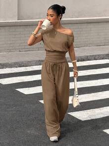 Muchica Women's Summer New Asymmetrical Shoulder Cinched Waist Top And Loose Pants Set Travel Coffee Brown Casual - Coffee Brown - View 3