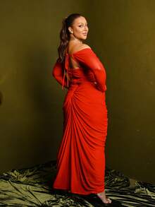 Lele Munniz Damen Große Größen Frühling Sommer einfarbiges Kleid mit Herzausschnitt, Langarm, Rüschen-Einsatz, körperbetonter eleganter Schnitt, rotes Mesh, lang geschnittenes Volantkleid, ein Kleid geeignet für den täglichen Gebrauch, romantische Dates und Urlaub - Rot - Übersicht 3