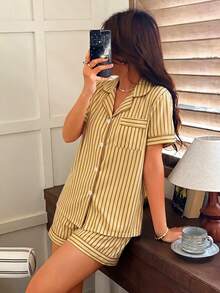 Napfluff Women's Loose Yellow-Brown Striped Print Short Sleeve Shorts Collared Set - Multicolor - View 5