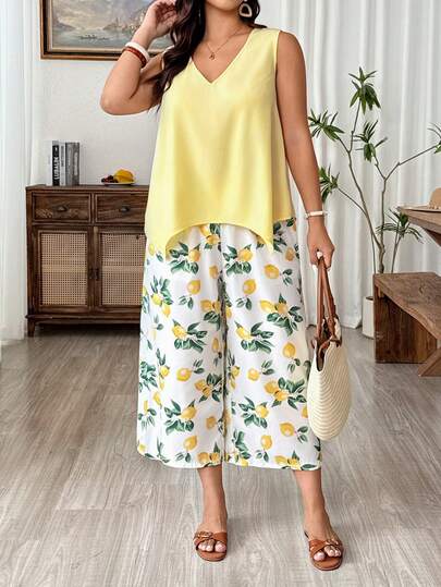Weeklong Plus Size Women V-Neck Camisole Top And Lemon Print Capri Pants Casual Vacation 2-Piece Set