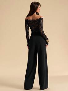 SHEIN Tall CURVE جمبسوت رسمية أنيقة للسمينات بتصميم كتف مكشوف مع تطريز الدانتيل - الأسود - مشاهدة 3