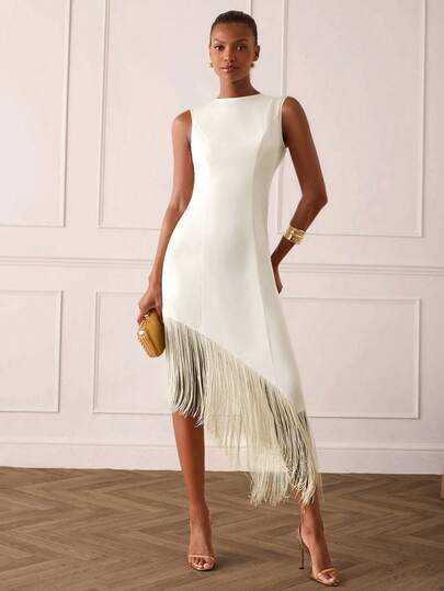 Lilora Women's Elegant Tassel Mid-Length Dress, High-End Fashion Versatile Elegant Dress, Suitable For Commuting, Daily Casual Outings, Gatherings, Dates, Parties, Leisure, Outings, Holidays, Vacations, Summer, Holiday Trips