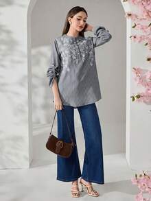 Veilorie New Embroidered Striped Casual Comfortable Daily Versatile Long Sleeve Shirt - Dusty Blue - View 3