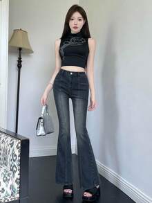 DAZY Women's Korean Style Distressed Flare Leg Jeans Petite Fall - Blue - View 5