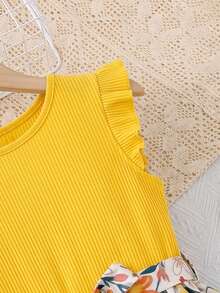 SHEIN Vestido con estampado floral, volantes en las mangas y cinturón para adolescentes en vacaciones de verano - Amarillo - Ver 3