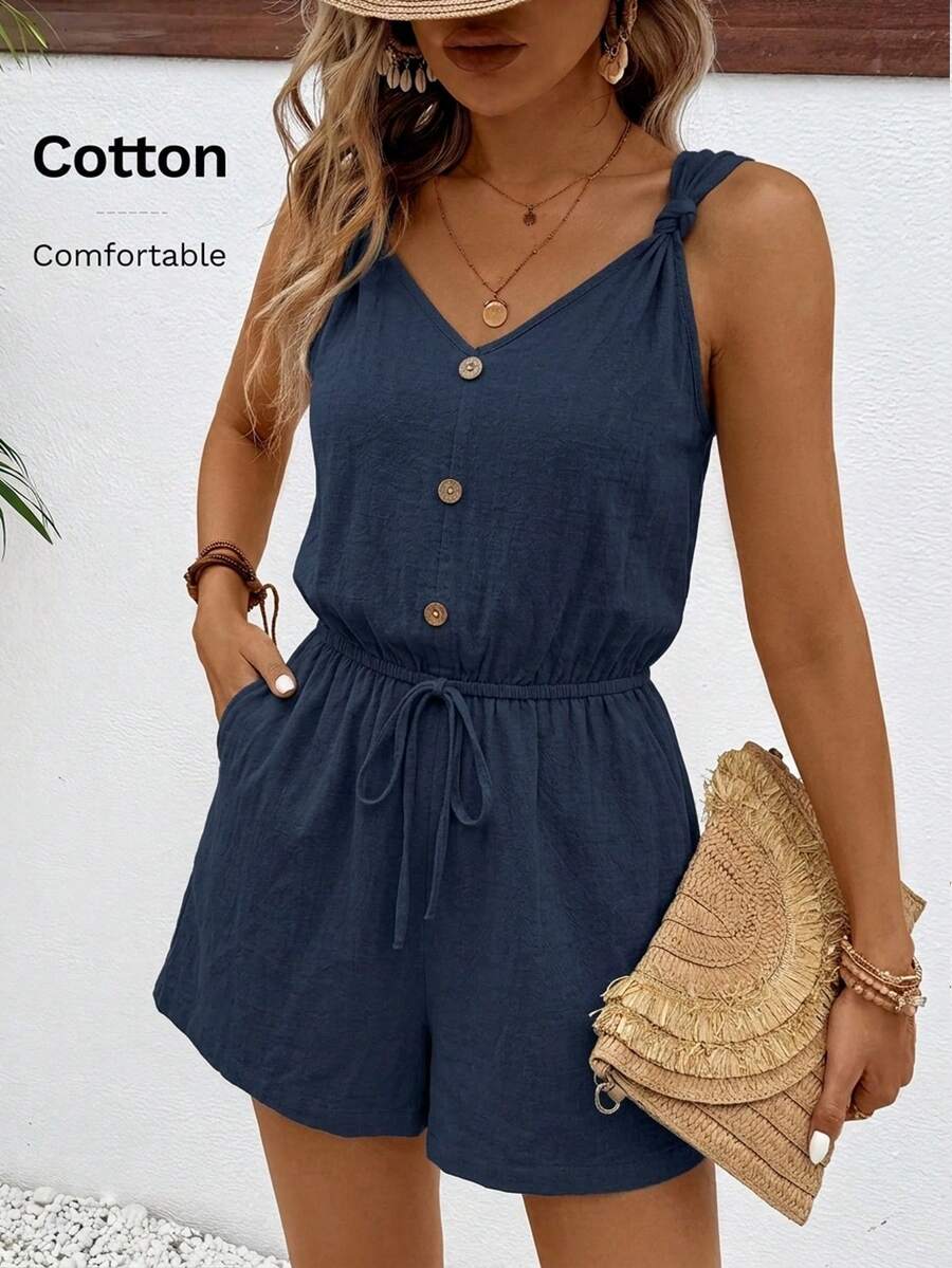 SHEIN Frenchy 大尺碼女款休閒度假藍色布料連身褲，女款休閒套裝，女款夏季服飾 - 藏蓝色 - 查看 1
