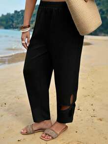 Breezaya Plus Size Women Casual Vacation & Commute Solid Color Elastic Waist Hollow Out Straight Leg Pants - Black - View 3