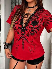 Whyspr Plus Size Punk Eyelet Tape Print Short Sleeve T-Shirt, Spring/Summer - Red - View 1