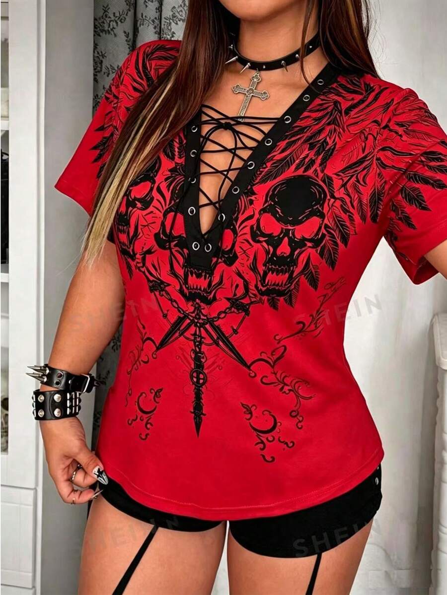 Whyspr Plus Size Punk Eyelet Tape Print Short Sleeve T-Shirt, Spring/Summer - Red - View 1
