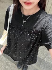 FRIFUL 女士休闲度假通勤波点印花荷叶边宽松T恤，夏季 - 黑色 - 查看 1