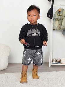 Toddler Boys' Cross Embroidered Blue Denim Shorts - Grey - View 3