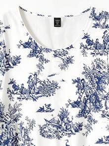 EMERY ROSE Casual Elegant Versatile Round Neck Comfortable Printed Raglan Sleeve Blouse For Plus Size Women Vacation White Summer - Blue and White - View 5