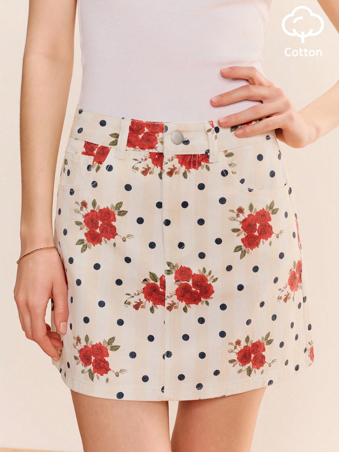 Polka Dot And Floral Vintage Style Printed Lightweight Denim Mini Skirt Spring Summer French Style Cotton Skirt Polkadot Skirt Floral Skirt White Cotton Skirt
