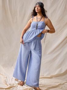 Nubod Plus Size Women Blue And White Camisole And Casual Boho Pants Vacation Set Beach Vacation Summer - Blue - View 1