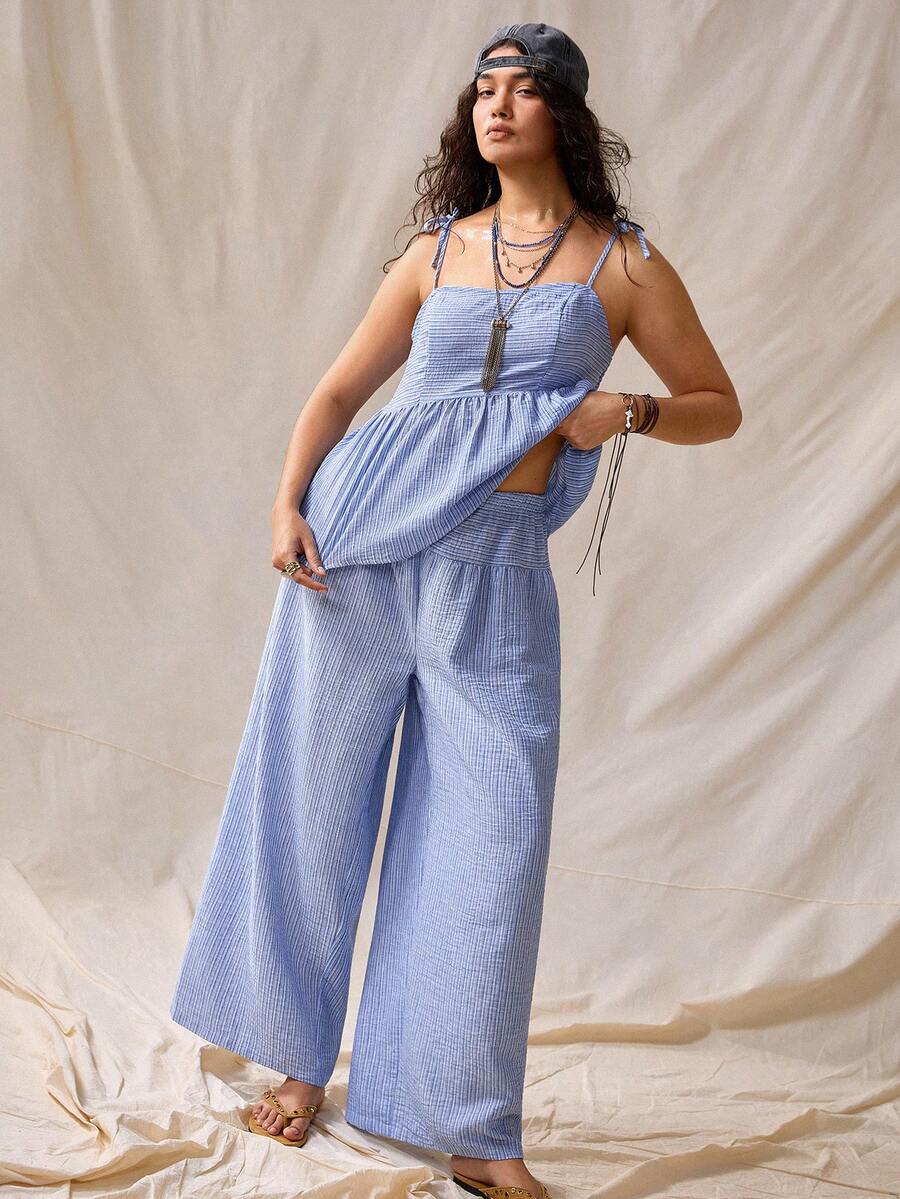 Nubod Plus Size Women Blue And White Camisole And Casual Boho Pants Vacation Set Beach Vacation Summer - Blue - View 1