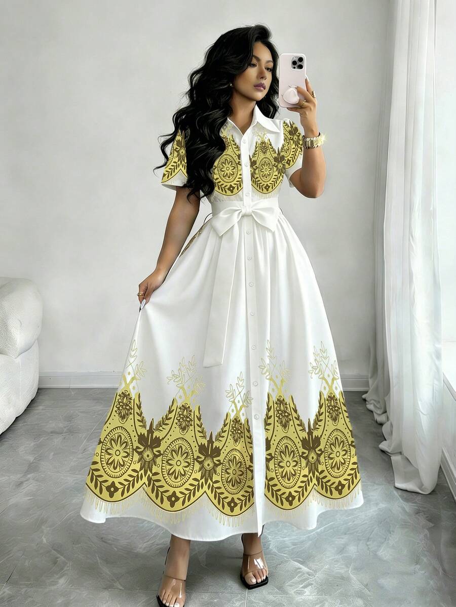 Elenzga Women's Elegant Gold Foil Print Front Button Long Dress - White - View 1