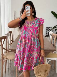 SHEIN VCAY Plus Size Round Neck Ruffle Hem Tropical Vintage Print Fashion Casual Dress, Beach Dress Sundress, Holiday Boho Outfits - Hot Pink - View 7