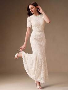 Anewsta Neu Ankunft Damen modisches figurbetontes Kleid mit Spitze, Blumenmuster, Spitzenbesatz, Perlendekor, Rundhalsausschnitt, Kurzarm, Fischschwanz-Silhouette mit Gürtel, elegant für Party, Hochzeit, Sommerurlaub - Aprikosenfarben - Übersicht 1